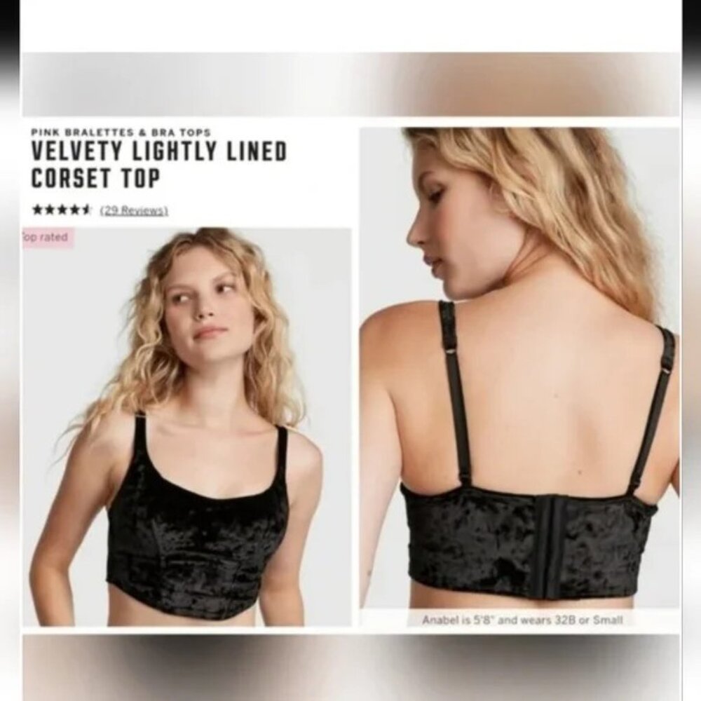 PINK Victoria's Secret Black Velvety Wireless Lightly Lined Corset Top. Size L
